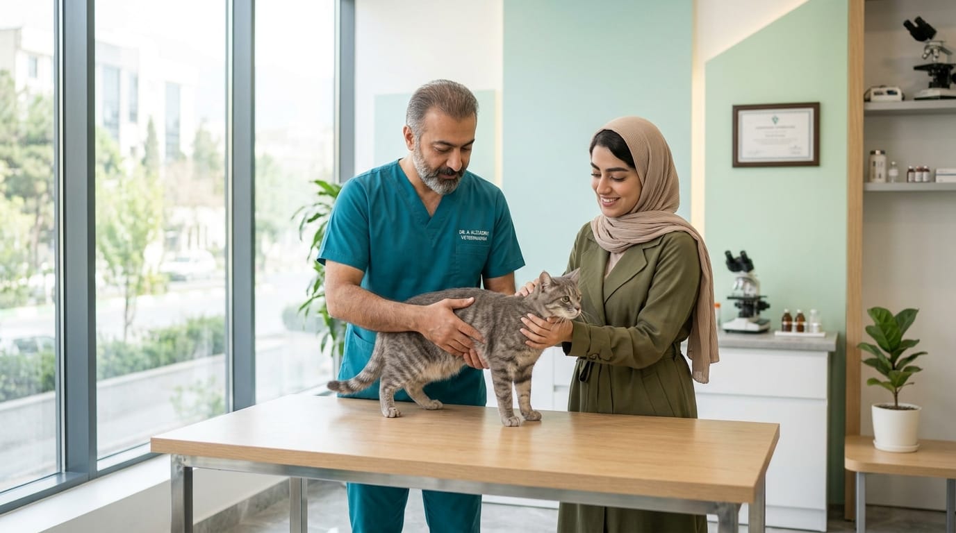 دام‌پزشک گربه‌ای را در کلینیک دام‌پزشکی معاینه می‌کند و صاحب گربه کنارش است