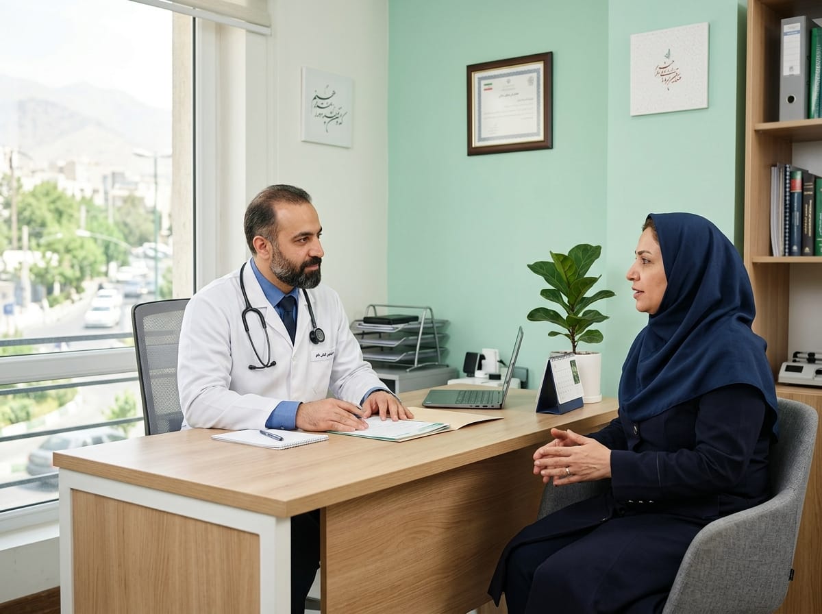 پزشک متخصص در اتاق معاینه‌ای روشن با دقت به صحبت‌های بیمار میانسال گوش می‌دهد