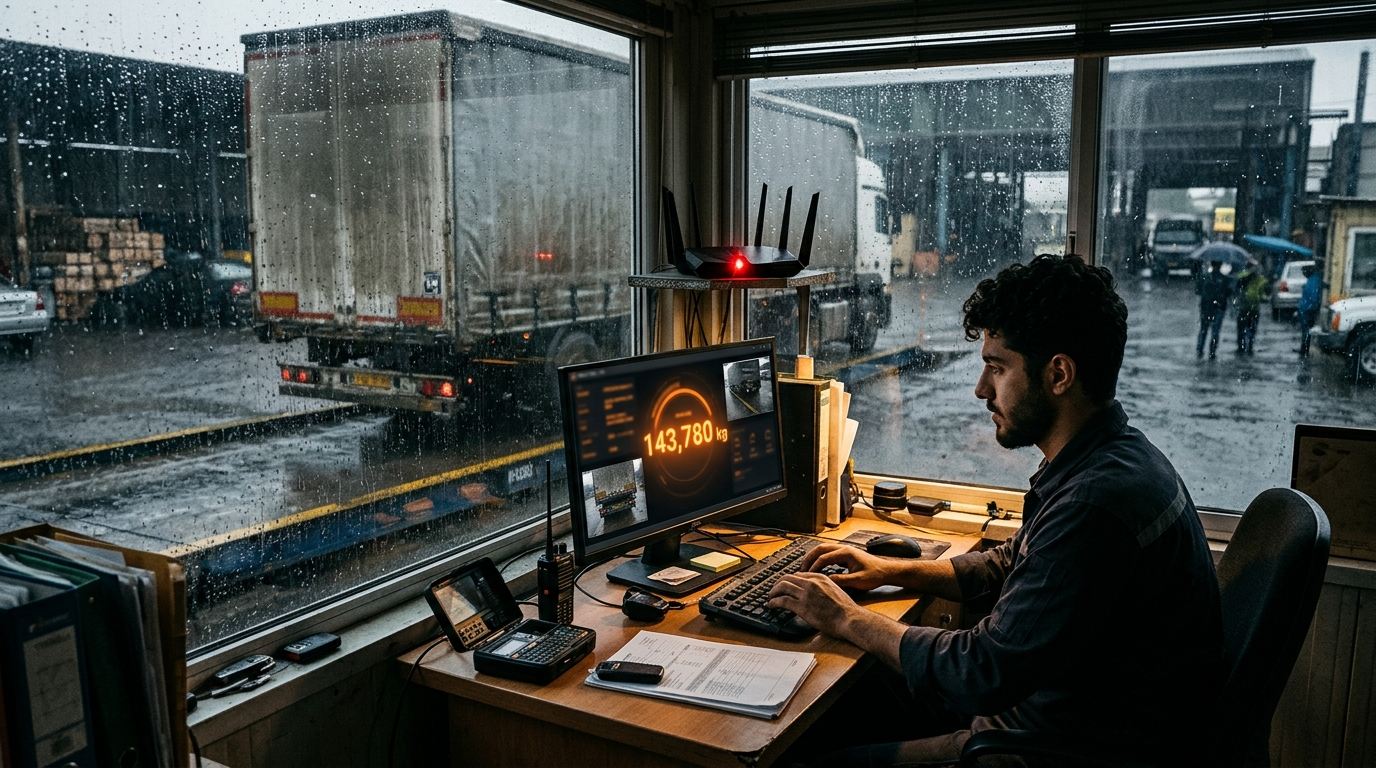 اپراتور باسکول در روزی بارانی با وجود قطع اینترنت، آرام به ثبت قبض ادامه میدهد